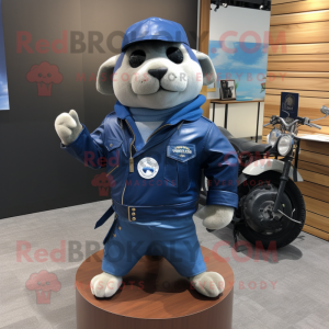 Blue Seal mascot costume character dressed with a Moto Jacket and Briefcases