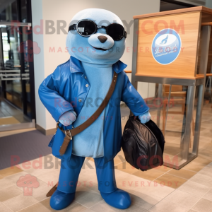 Blue Seal mascot costume character dressed with a Moto Jacket and Briefcases