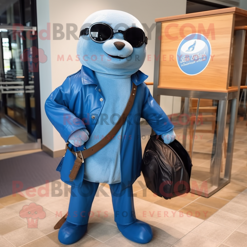 Blue Seal mascot costume character dressed with a Moto Jacket and Briefcases