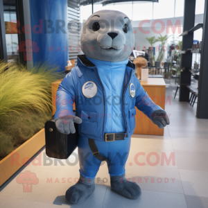 Blue Seal mascot costume character dressed with a Moto Jacket and Briefcases