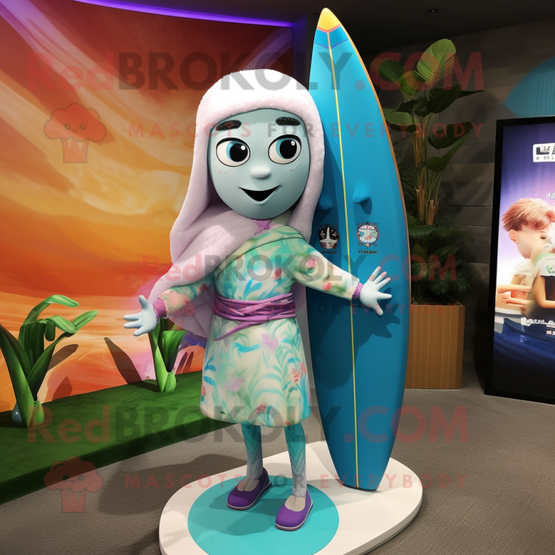 nan Surfboard mascot costume character dressed with a Mini Skirt and Shawls nan Surfboard mascot costume character dressed with a Mini Skirt and Shawls