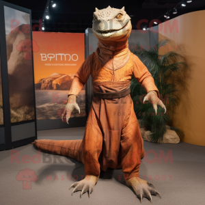 Rust Komodo Dragon mascot costume character dressed with a Empire Waist Dress and Suspenders