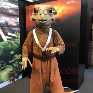 Rust Komodo Dragon mascot costume character dressed with a Empire Waist Dress and Suspenders