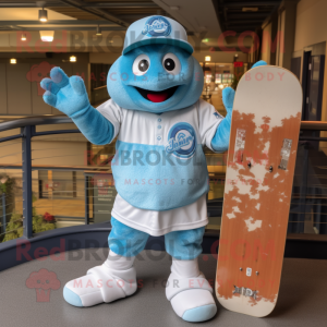 Sky Blue Skateboard mascot costume character dressed with a Baseball Tee and Mittens