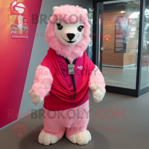 Pink Alpaca mascot costume character dressed with a Rash Guard and Shawl pins