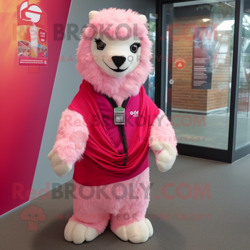 Pink Alpaca mascot costume character dressed with a Rash Guard and Shawl pins Pink Alpaca mascot costume character dressed with a Rash Guard and Shawl pins