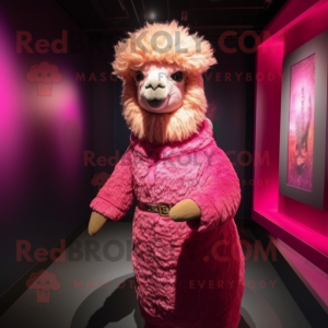 Pink Alpaca mascot costume character dressed with a Rash Guard and Shawl pins