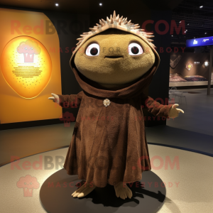 Brown Ray mascot costume character dressed with a Empire Waist Dress and Shawl pins