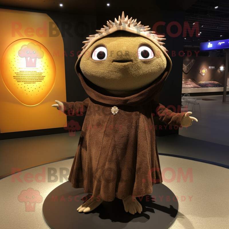Brown Ray mascot costume character dressed with a Empire Waist Dress and Shawl pins