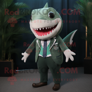 Forest Green Shark mascot costume character dressed with a Vest and Tie pins