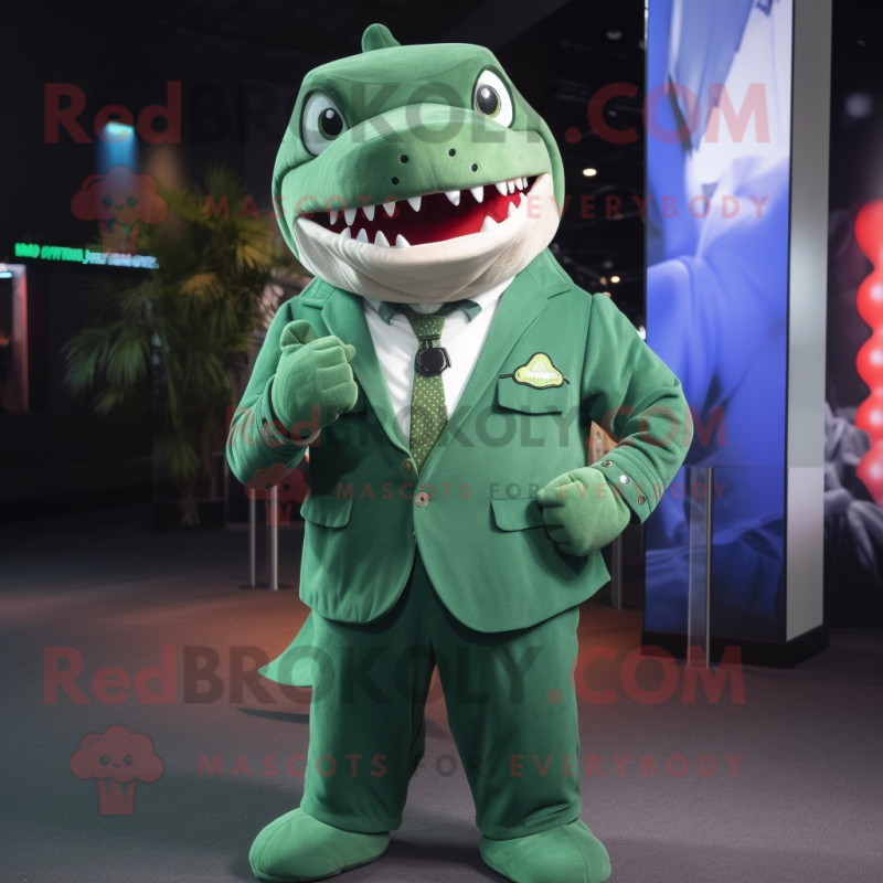 Forest Green Shark mascot costume character dressed with a Vest and Tie pins