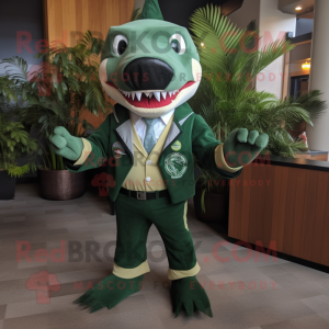 Forest Green Shark mascot costume character dressed with a Vest and Tie pins