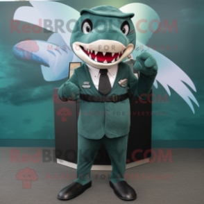 Forest Green Shark mascot costume character dressed with a Vest and Tie pins