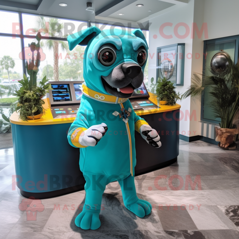 Turquoise Dog mascot costume character dressed with a Turtleneck and Brooches