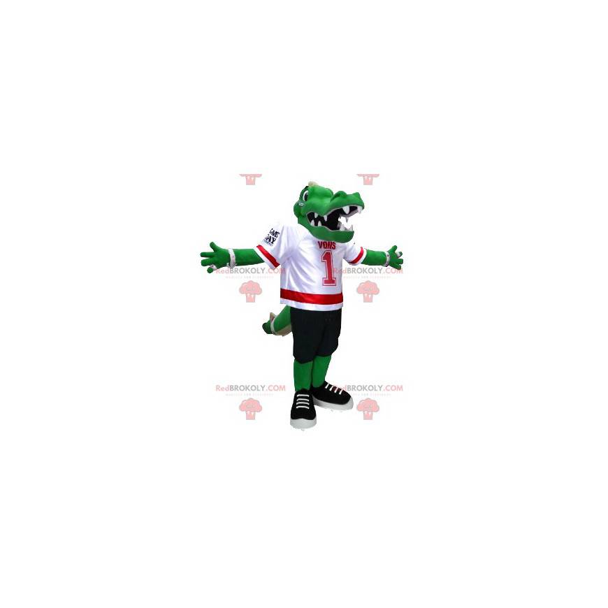 Mascote crocodilo verde com equipamento de futebol americano -