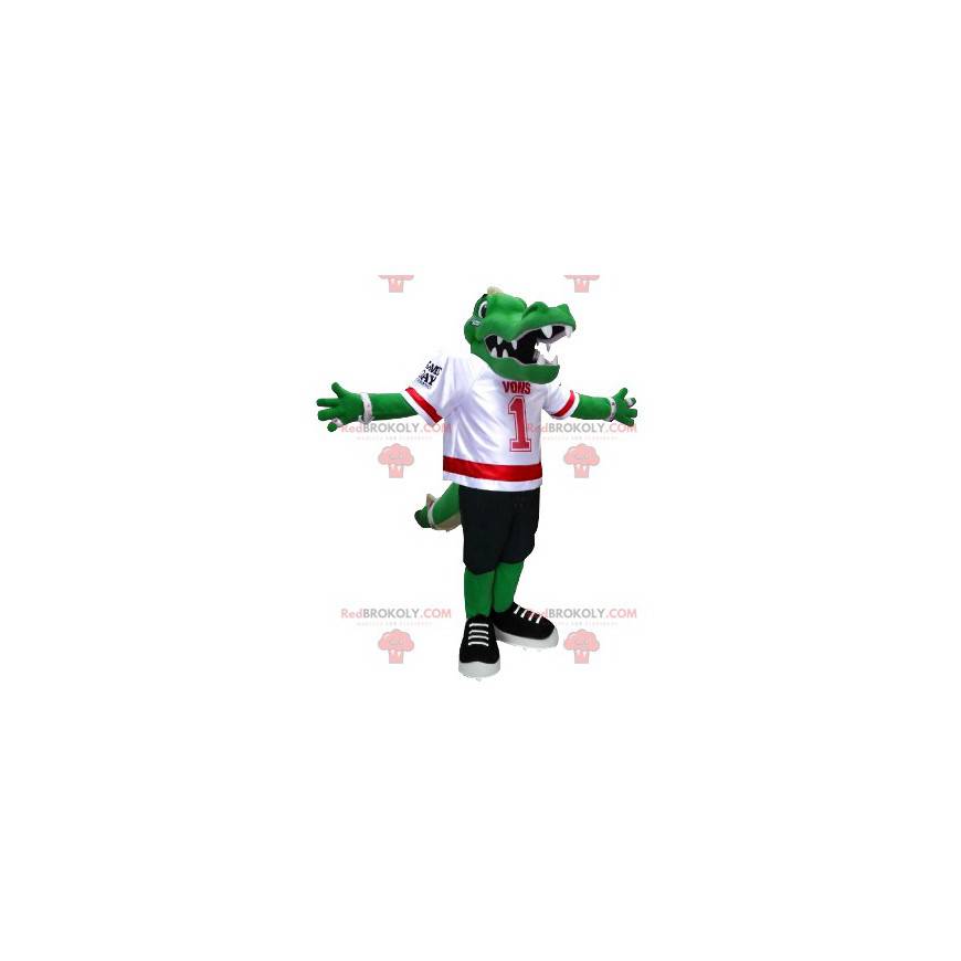 Mascotte de crocodile vert en tenue de football américain -