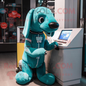 Turquoise Dog mascot costume character dressed with a Turtleneck and Brooches