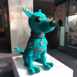 Turquoise Dog mascot costume character dressed with a Turtleneck and Brooches