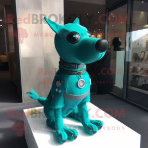 Turquoise Dog mascot costume character dressed with a Turtleneck and Brooches