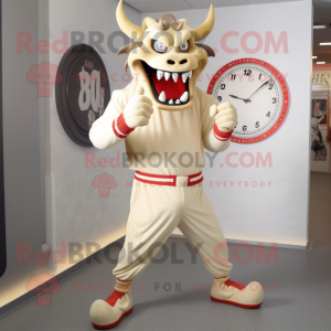 Beige Devil mascot costume character dressed with a Joggers and Bracelet watches