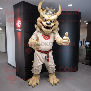 Beige Devil mascot costume character dressed with a Joggers and Bracelet watches