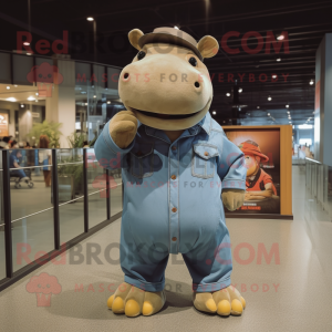 Tan Hippopotamus mascot costume character dressed with a Denim Shirt and Berets