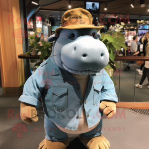 Tan Hippopotamus mascot costume character dressed with a Denim Shirt and Berets