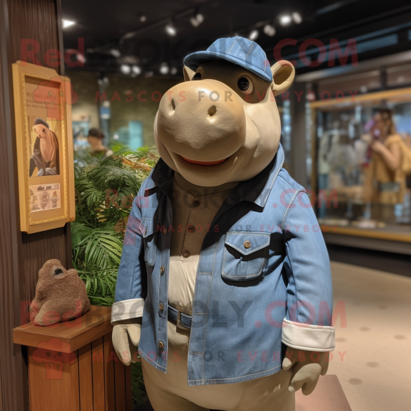 Tan Hippopotamus mascot costume character dressed with a Denim Shirt and Berets