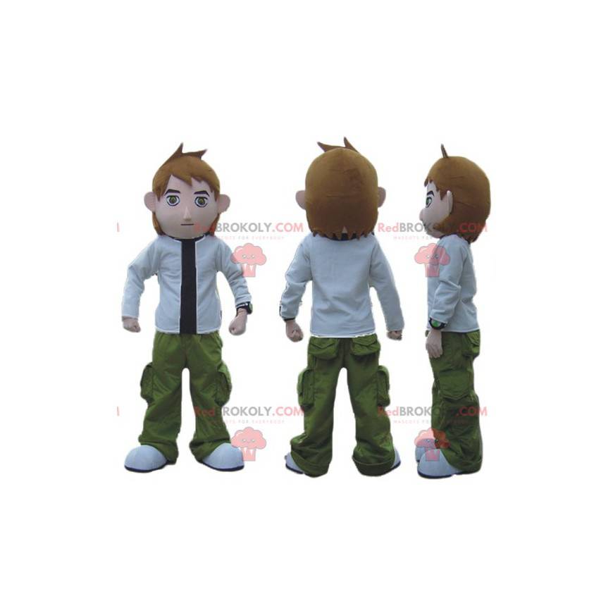 Mascotte del ragazzo in abito verde bianco e nero -