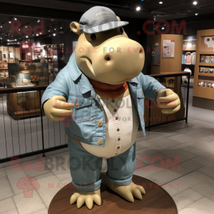 Tan Hippopotamus mascot costume character dressed with a Denim Shirt and Berets