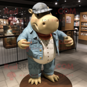 Tan Hippopotamus mascot costume character dressed with a Denim Shirt and Berets