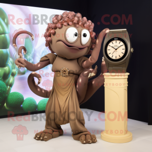 Brown Medusa mascot costume character dressed with a Evening Gown and Digital watches