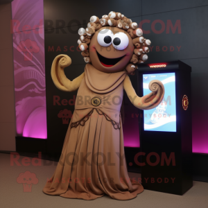 Brown Medusa mascot costume character dressed with a Evening Gown and Digital watches
