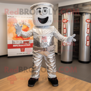 Silver Bbq Ribs mascot costume character dressed with a Jumpsuit and Belts