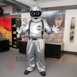 Silver Bbq Ribs mascot costume character dressed with a Jumpsuit and Belts