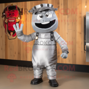 Silver Bbq Ribs mascot costume character dressed with a Jumpsuit and Belts