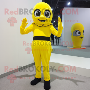 Lemon Yellow Mime mascot costume character dressed with a Turtleneck and Foot pads