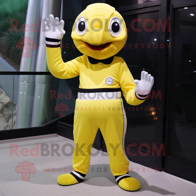 Lemon Yellow Mime mascot costume character dressed with a Turtleneck and Foot pads