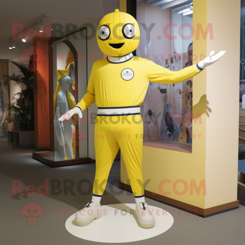 Lemon Yellow Mime mascot costume character dressed with a Turtleneck and Foot pads Lemon Yellow Mime mascot costume character dressed with a Turtleneck and Foot pads