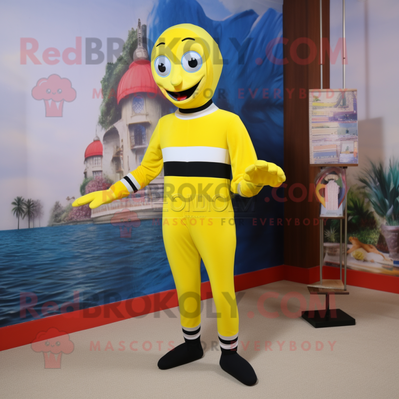 Lemon Yellow Mime mascot costume character dressed with a Turtleneck and Foot pads