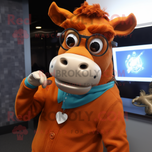 Rust Jersey Cow mascot costume character dressed with a Turtleneck and Cufflinks