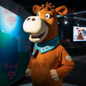 Rust Jersey Cow mascot costume character dressed with a Turtleneck and Cufflinks