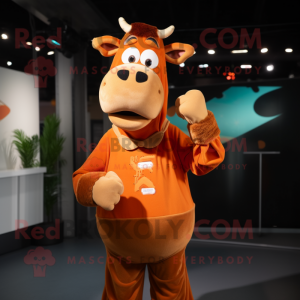 Rust Jersey Cow mascot costume character dressed with a Turtleneck and Cufflinks