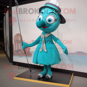 Teal Tightrope Walker mascot costume character dressed with a A-Line Dress and Wallets