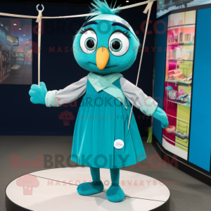 Teal Tightrope Walker mascot costume character dressed with a A-Line Dress and Wallets