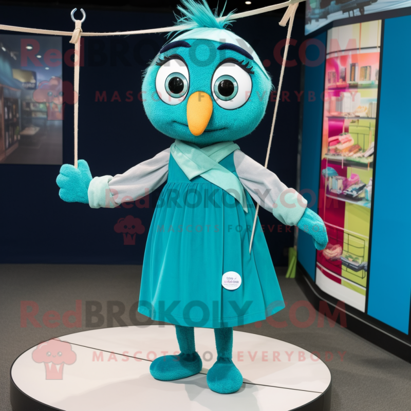 Teal Tightrope Walker mascot costume character dressed with a A-Line Dress and Wallets Teal Tightrope Walker mascot costume character dressed with a A-Line Dress and Wallets