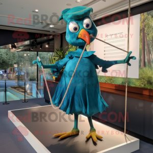 Teal Tightrope Walker mascot costume character dressed with a A-Line Dress and Wallets