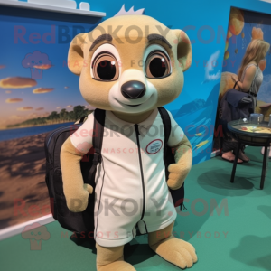 Beige Meerkat mascot costume character dressed with a Swimwear and Backpacks