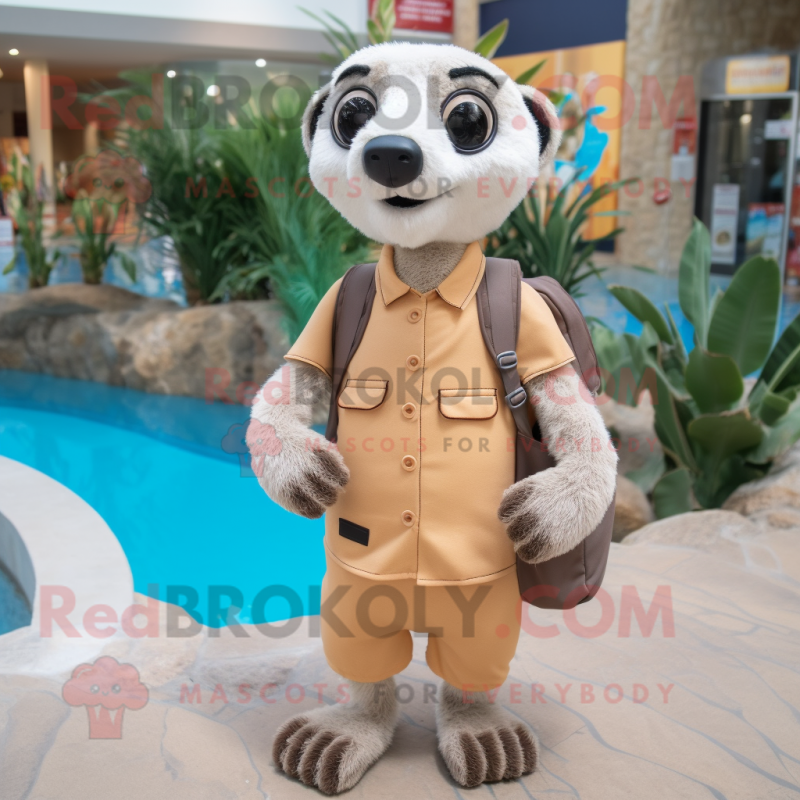 Beige Meerkat mascot costume character dressed with a Swimwear and Backpacks