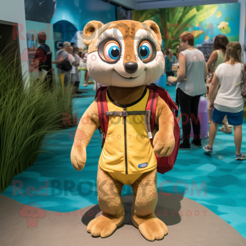 Beige Meerkat mascot costume character dressed with a Swimwear and Backpacks Beige Meerkat mascot costume character dressed with a Swimwear and Backpacks